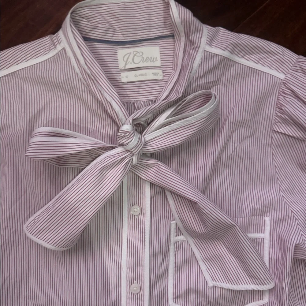 J. Crew Striped Tie Neck Poplin Pink and White Shirt - Picture 4 of 10